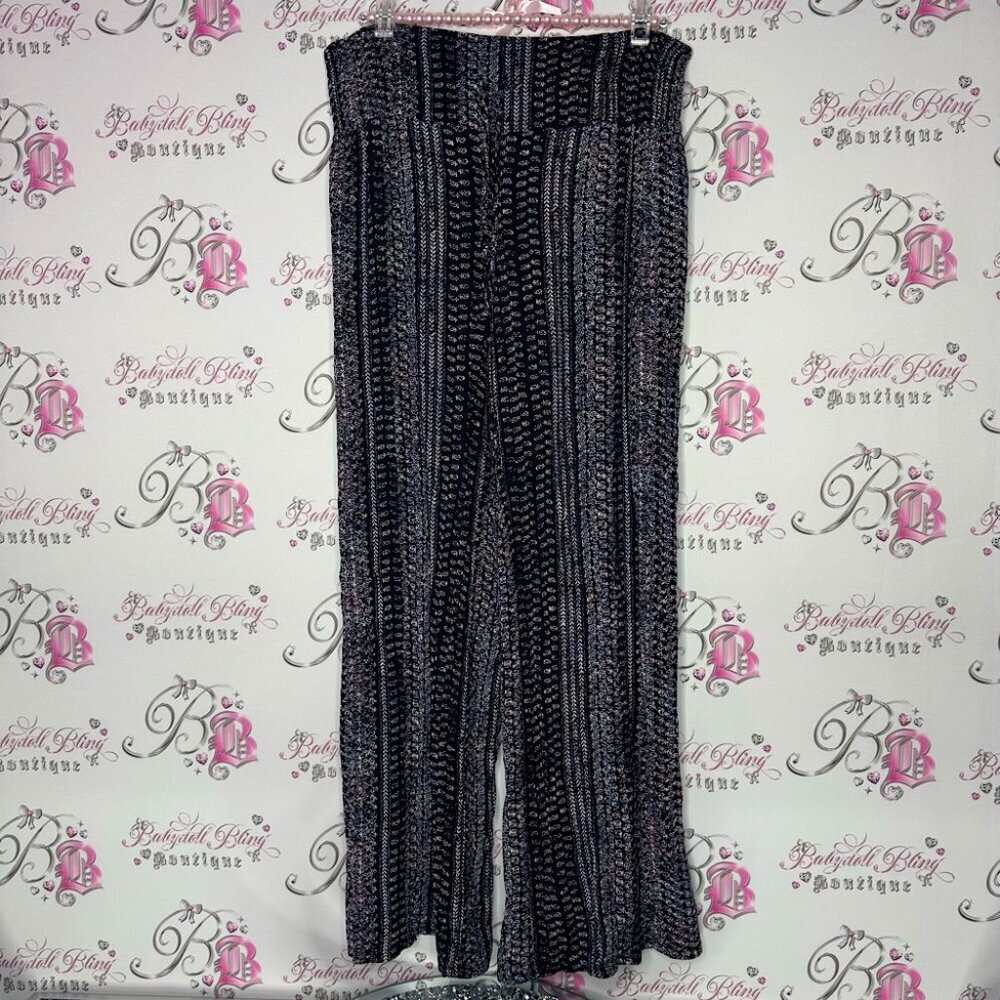 c wonder pants flare hippie black paisley print pink purple white flowy baggy